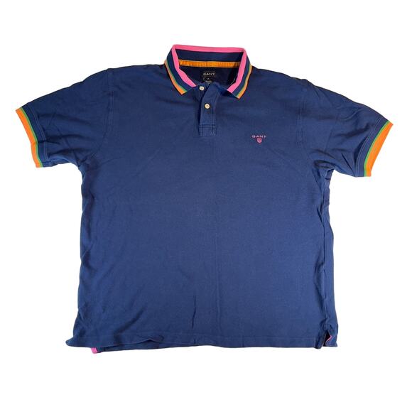 Gant Polo Shirt Men's XL Blue w/ Multi Colored Collar & Cuffs 100% Cotton Retro - Picture 1 of 13